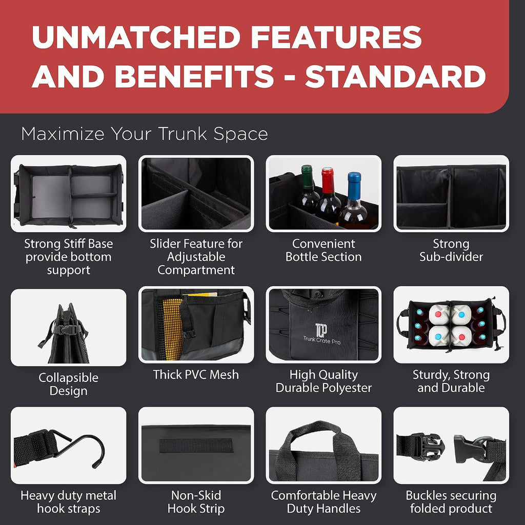 Car & Vehicle Trunk Organizer for SUV, Truck & Auto Storage, Standard Black