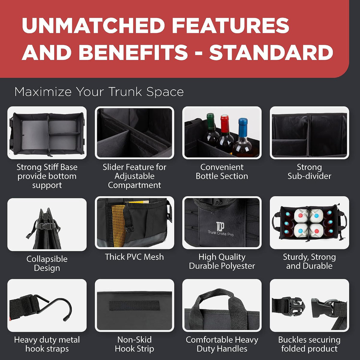 Car & Vehicle Trunk Organizer for SUV, Truck & Auto Storage, Standard Black